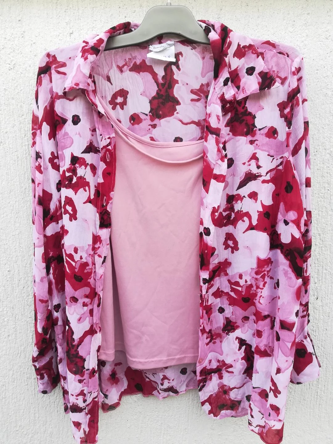 Ensemble Chemise Fleurie + Débardeur Rose étiquette T.L-T.46/48